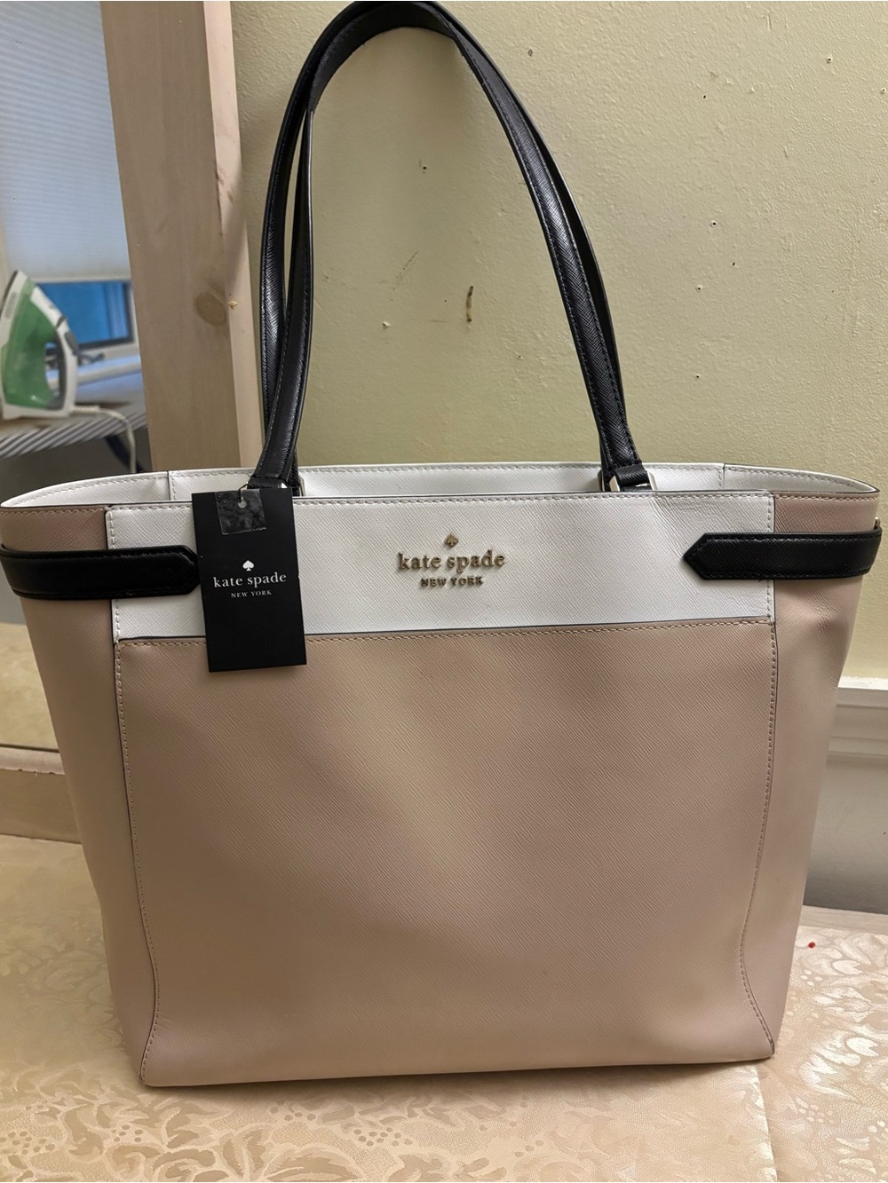 kate spade Two-Tone Beige, White & Black Leather Tote! 18 by 12 inches